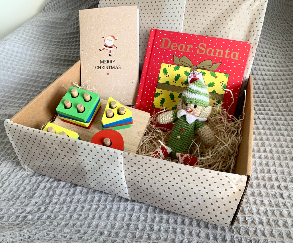 Christmas gift box with Elf Christmas Decoration, Wooden Stacking Toy and Dear Santa Book